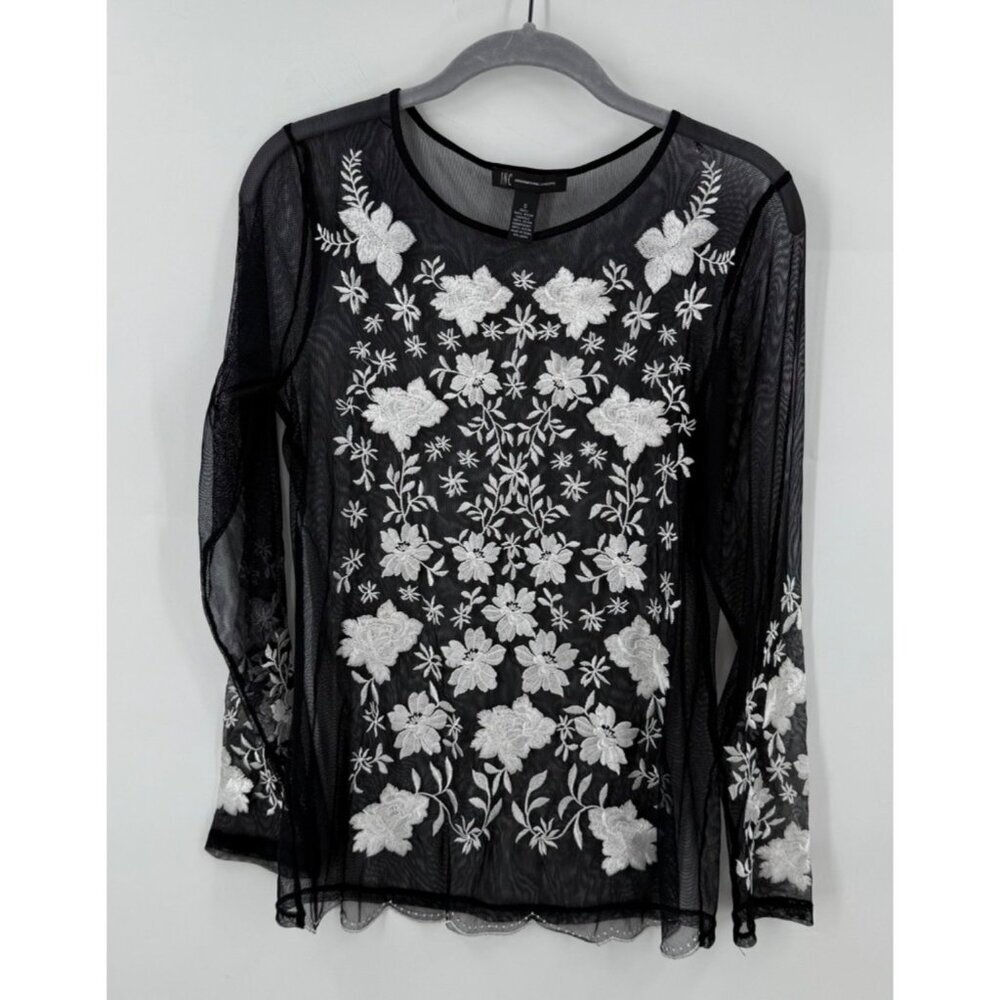INC International Concepts Womens Sheer Black Long Sleeve Top Embroidered Small